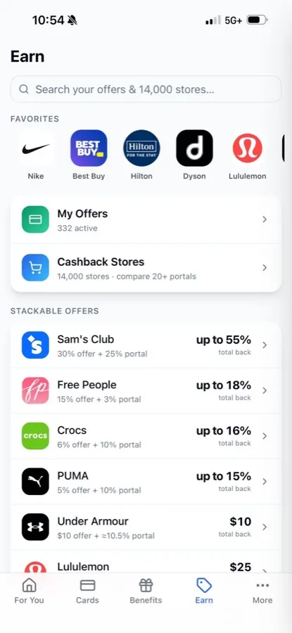 MaxWorth's Earn tab: search, favorite stores, My Offers, and the Stackable offers list