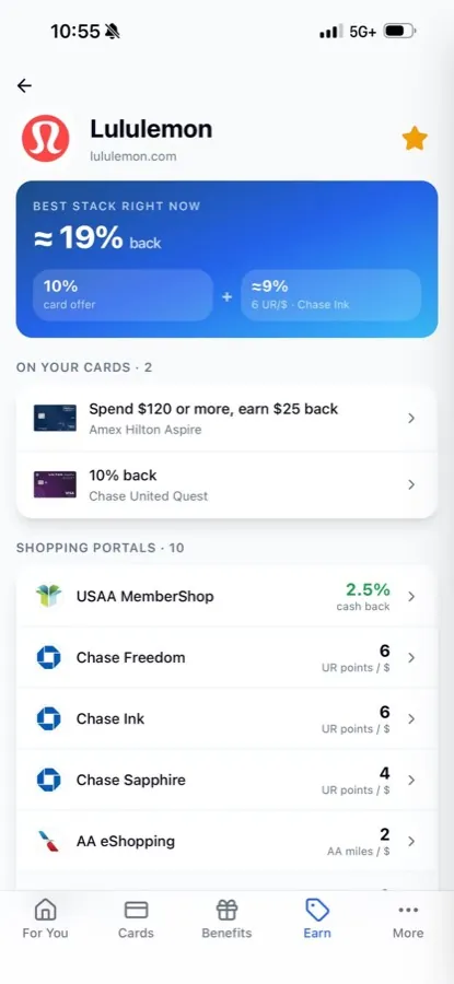 The Lululemon merchant page: best stack of about 19%, offers on your cards, and ten portal rates