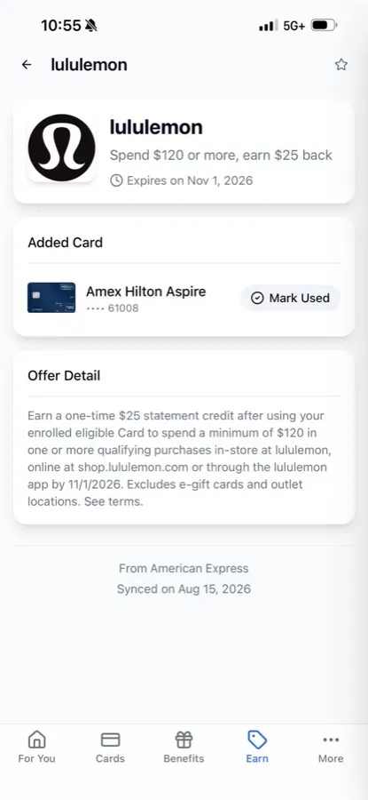 Offer detail page: full terms, expiration date, the card it lives on, and Mark Used