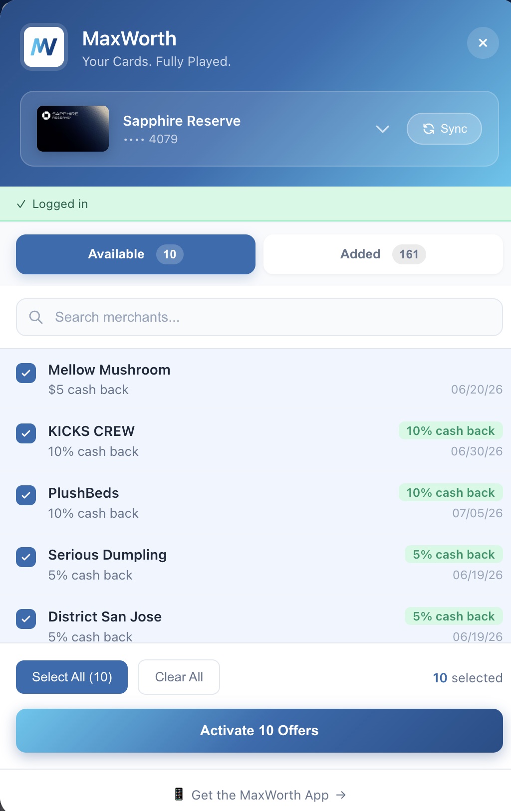 MaxWorth Chrome extension activating card-linked offers